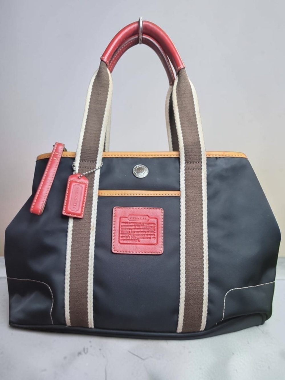 Coach Vintage Black Tote with Red Trim and Brown Straps Great Condition